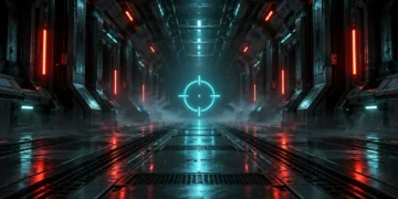 Valorant crosshair codes concept with a glowing cyan crosshair in a futuristic corridor