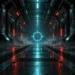 Valorant crosshair codes concept with a glowing cyan crosshair in a futuristic corridor
