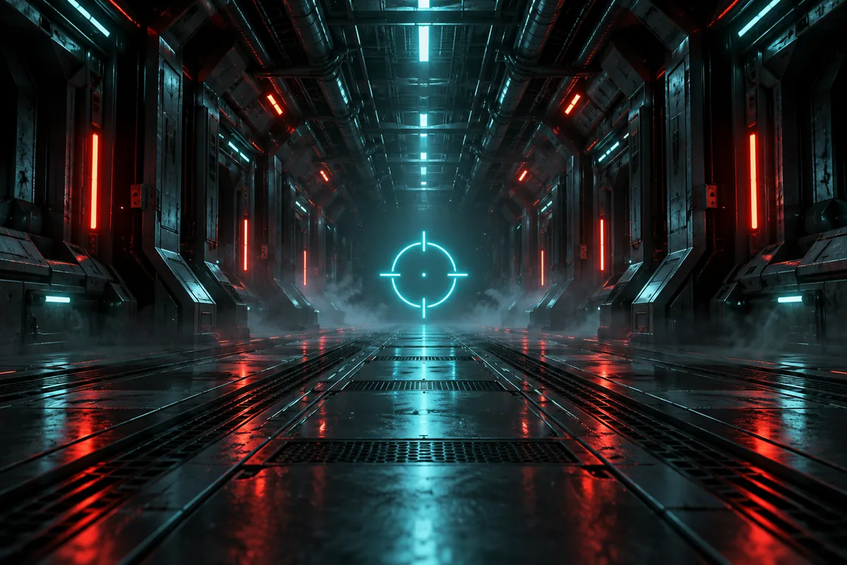 25 Best Valorant Crosshair Codes 2026 (Copy-Paste + How to Import) 14 Valorant crosshair codes concept with a glowing cyan crosshair in a futuristic corridor