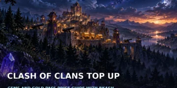 Dark cinematic fortress with imposing stone walls and towers beneath a shadowy sky