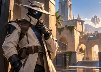 Masked Cypher in a white hat and coat watching a futuristic arena