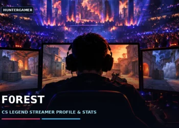 Dark cinematic Counter-Strike esports scene with a glowing gaming monitor and dramatic arena lighting, illustrating f0rest's streamer profile