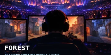 Dark cinematic Counter-Strike esports scene with a glowing gaming monitor and dramatic arena lighting, illustrating f0rest's streamer profile