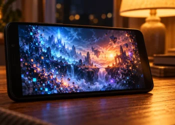 Free Fire lag fix concept with a budget smartphone screen rebuilding from glowing pixels