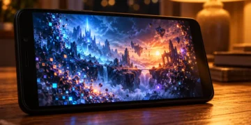 Free Fire lag fix concept with a budget smartphone screen rebuilding from glowing pixels