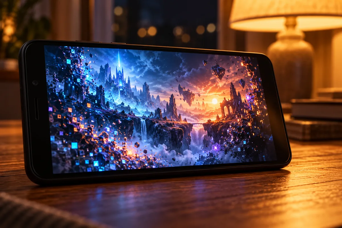 Free Fire lag fix concept with a budget smartphone screen rebuilding from glowing pixels