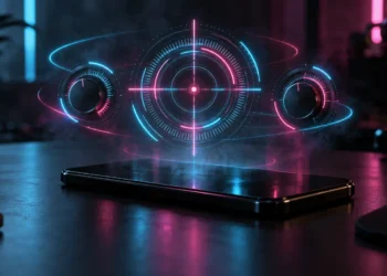 Free Fire sensitivity settings concept with a neon crosshair and dials above a smartphone