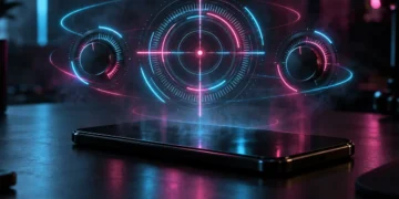 Free Fire sensitivity settings concept with a neon crosshair and dials above a smartphone