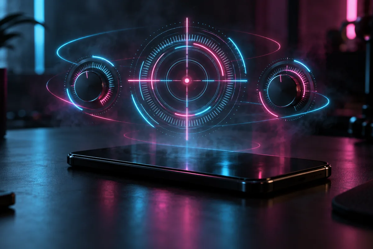 Free Fire sensitivity settings concept with a neon crosshair and dials above a smartphone