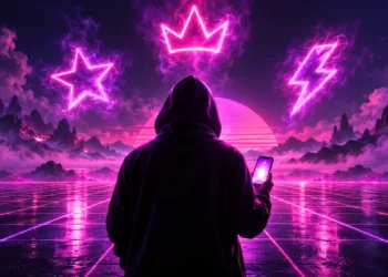 Free Fire stylish name concept with neon crown and star symbols around a hooded gamer silhouette