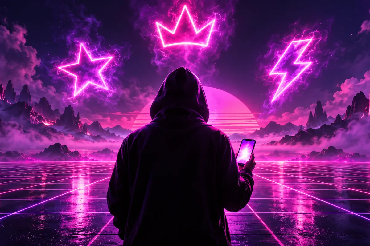 Free Fire stylish name concept with neon crown and star symbols around a hooded gamer silhouette