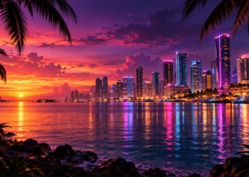 Neon oceanfront city skyline at dusk — GTA 6 launches November 19, 2026