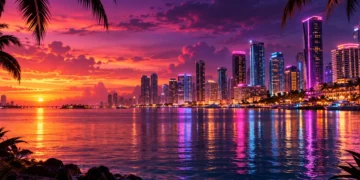 Neon oceanfront city skyline at dusk — GTA 6 launches November 19, 2026