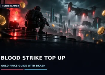 original editorial illustration, dark cinematic FPS artwork for Blood Strike gold top-up guide, no text/logos