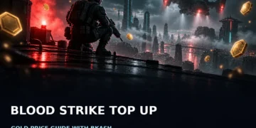 original editorial illustration, dark cinematic FPS artwork for Blood Strike gold top-up guide, no text/logos