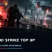 original editorial illustration, dark cinematic FPS artwork for Blood Strike gold top-up guide, no text/logos