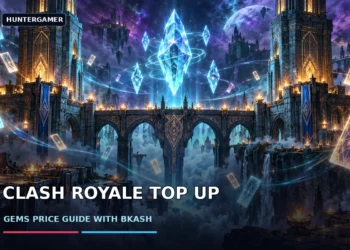 Original artwork of a dark neon-lit fantasy battle arena at night with glowing blue gem crystals