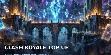 Original artwork of a dark neon-lit fantasy battle arena at night with glowing blue gem crystals