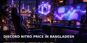 Dark cinematic artwork of a neon-lit empty gaming corner at night, with a glowing monitor showing abstract chat bubbles and a floating holographic gift box, no text and no faces.