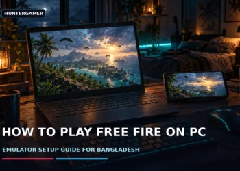 Dark cinematic gaming desk with a modest laptop showing a tropical battle royale scene, keyboard and mouse beside an Android phone, with no faces, logos or text.