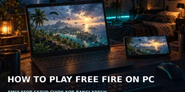 Dark cinematic gaming desk with a modest laptop showing a tropical battle royale scene, keyboard and mouse beside an Android phone, with no faces, logos or text.