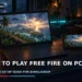 Dark cinematic gaming desk with a modest laptop showing a tropical battle royale scene, keyboard and mouse beside an Android phone, with no faces, logos or text.