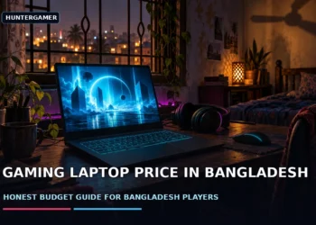 Dark cinematic banner showing an open gaming laptop and mouse on a modest desk, with moody blue lighting and an abstract screen glow, without faces, logos or text.