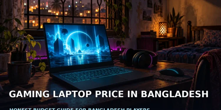 Dark cinematic banner showing an open gaming laptop and mouse on a modest desk, with moody blue lighting and an abstract screen glow, without faces, logos or text.