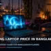 Dark cinematic banner showing an open gaming laptop and mouse on a modest desk, with moody blue lighting and an abstract screen glow, without faces, logos or text.
