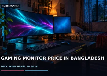 Dark cinematic banner showing gaming monitors on a compact shared-room desk beside a PC tower and controller, with subtle ambient lighting and no faces, logos or text.