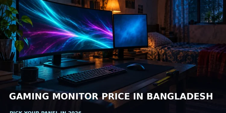 Dark cinematic banner showing gaming monitors on a compact shared-room desk beside a PC tower and controller, with subtle ambient lighting and no faces, logos or text.