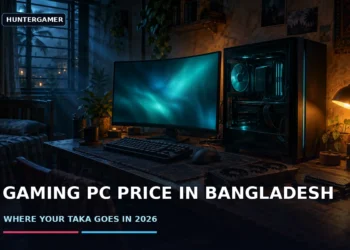 Dark cinematic banner showing a desktop gaming tower beside a monitor, keyboard and loose upgrade components on a modest desk, with no faces, logos or text.