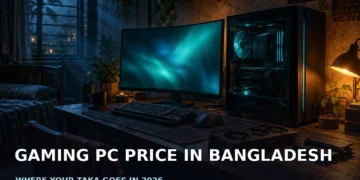 Dark cinematic banner showing a desktop gaming tower beside a monitor, keyboard and loose upgrade components on a modest desk, with no faces, logos or text.