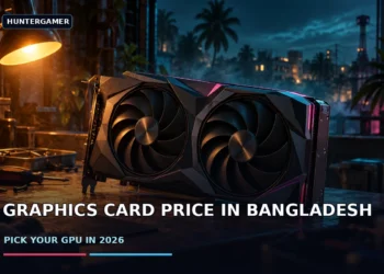 Dark cinematic banner showing a graphics card beside an open budget gaming PC case on a shared-room desk, with moody lighting and no faces, logos or text.