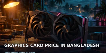 Graphics Card Price in Bangladesh 2026: Honest GPU Guide 1 Dark cinematic banner showing a graphics card beside an open budget gaming PC case on a shared-room desk, with moody lighting and no faces, logos or text.
