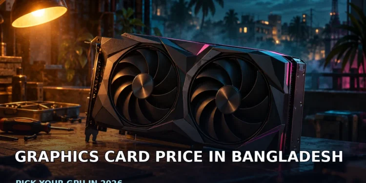 Dark cinematic banner showing a graphics card beside an open budget gaming PC case on a shared-room desk, with moody lighting and no faces, logos or text.