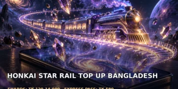 Dark cinematic artwork of a holographic space train and glowing crystal shards floating over a phone, with deep cosmic shadows and no text.