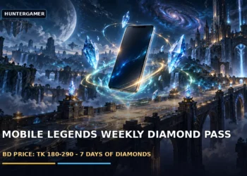 Dark cinematic artwork of glowing diamond crystals floating above a MOBA battlefield beside a phone, with dramatic blue lighting and no text.