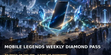Dark cinematic artwork of glowing diamond crystals floating above a MOBA battlefield beside a phone, with dramatic blue lighting and no text.