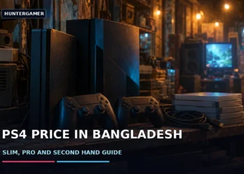 PS4 Price in Bangladesh 2026: Slim, Pro & 2nd Hand Guide 14 Dark cinematic banner showing a slim black gaming console, a larger angular console and wireless controllers on a dim counter, with no faces, logos or text.