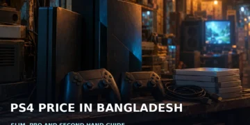 PS4 Price in Bangladesh 2026: Slim, Pro & 2nd Hand Guide 1 Dark cinematic banner showing a slim black gaming console, a larger angular console and wireless controllers on a dim counter, with no faces, logos or text.