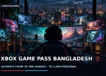 Dark gaming artwork with an Xbox controller, laptop and Bangladesh taka pricing beside mobile payment icons