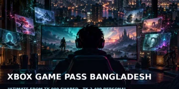Dark gaming artwork with an Xbox controller, laptop and Bangladesh taka pricing beside mobile payment icons