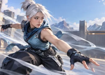 Jett poised in a futuristic training arena with wind around her