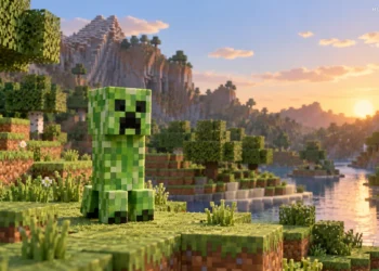Blocky green creeper creature standing quietly in a pixel-style landscape at sunrise