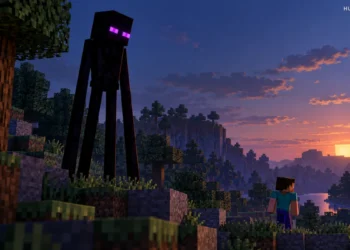 Long-limbed dark Enderman with purple eyes near a player looking away