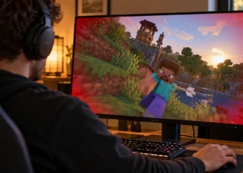 Gamer viewing a tilted block-built world after a character takes damage