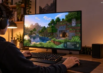 Minecraft player viewing a cubic landscape with an illustrative caption panel