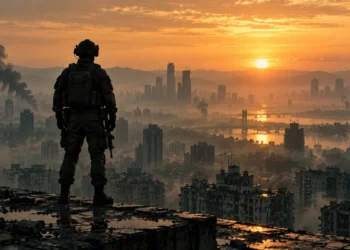 Soldier silhouette over a city at dawn — Call of Duty Modern Warfare 4 launches October 23, 2026
