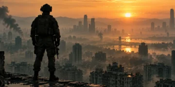 Soldier silhouette over a city at dawn — Call of Duty Modern Warfare 4 launches October 23, 2026